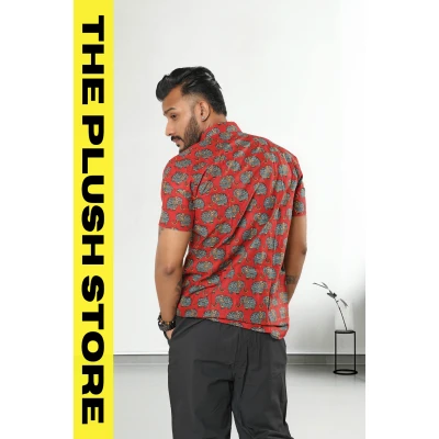 Pure Cotton Rust Half Shirt With Gajraj Print For Men