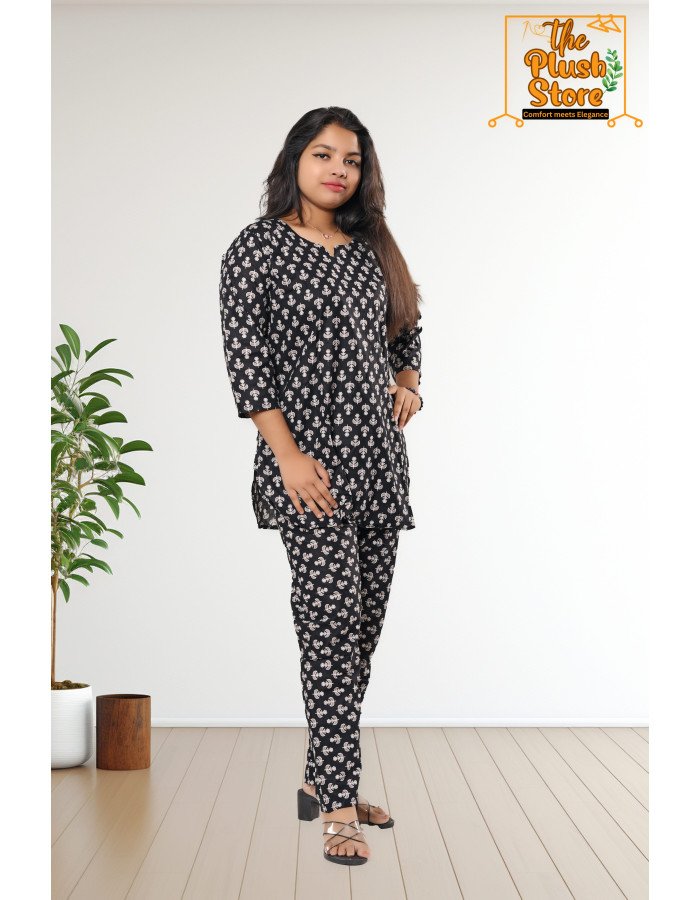 Pure Cotton Black Printed Co-ord Set For Women