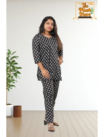 Pure Cotton Black Printed Co-ord Set For Women  Pure Cotton Black Printed Co-ord Set For Women data-sizes=