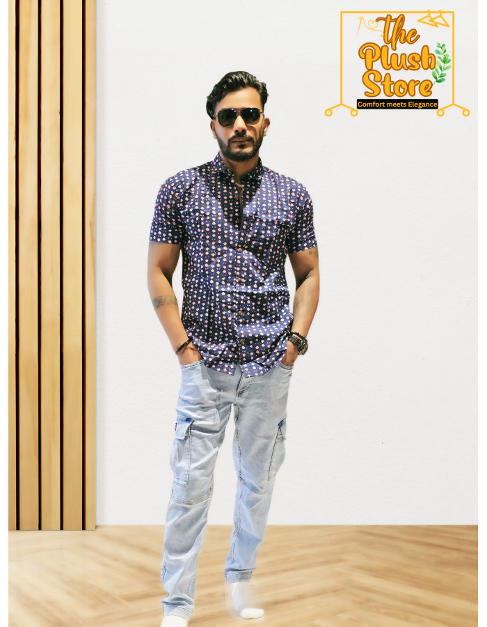 Blue Printed Pure Cotton Shirt For Men Blue Printed Pure Cotton Shirt For Men