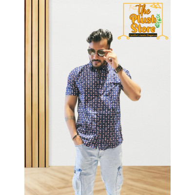 Blue Printed Pure Cotton Shirt For Men