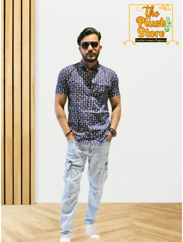 Blue Printed Pure Cotton Shirt For Men  Blue Printed Pure Cotton Shirt For Men data-sizes=