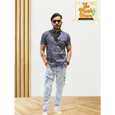 Blue Printed Pure Cotton Shirt For Men