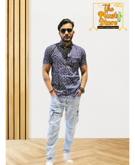 Blue Printed Pure Cotton Shirt For Men