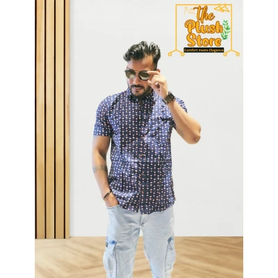 Blue Printed Pure Cotton Shirt For Men