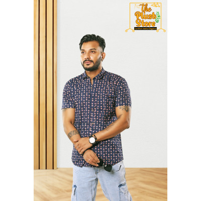 Blue Printed Pure Cotton Shirt For Men