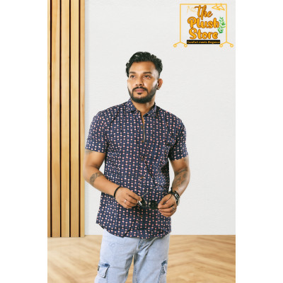 Blue Printed Pure Cotton Shirt For Men