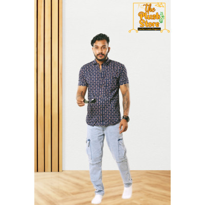Blue Printed Pure Cotton Shirt For Men
