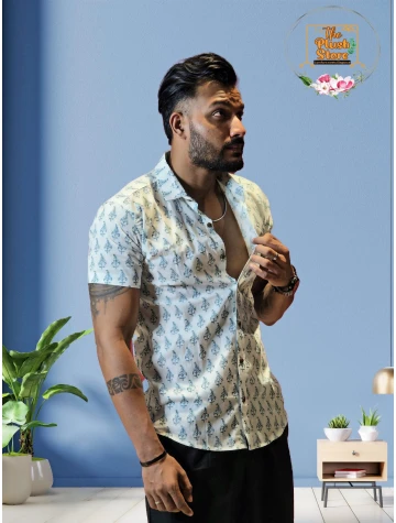 Pure Cotton White Printed Shirt for Men  Pure Cotton White Printed Shirt for Men data-sizes=