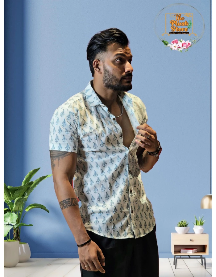 A model wearing Pure Cotton White Printed Shirt for Men A model wearing Pure Cotton White Printed Shirt for Men