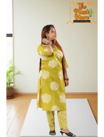 Pure Cotton Kurti Pant Set For women in olive green colour  Pure Cotton Kurti Pant Set For women in olive green colour data-sizes=