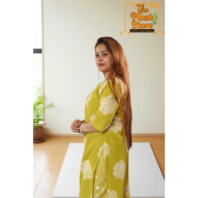 Pure Cotton Kurti Pant Set For women in olive green colour