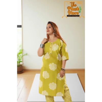 Pure Cotton Kurti Pant Set For women in olive green colour