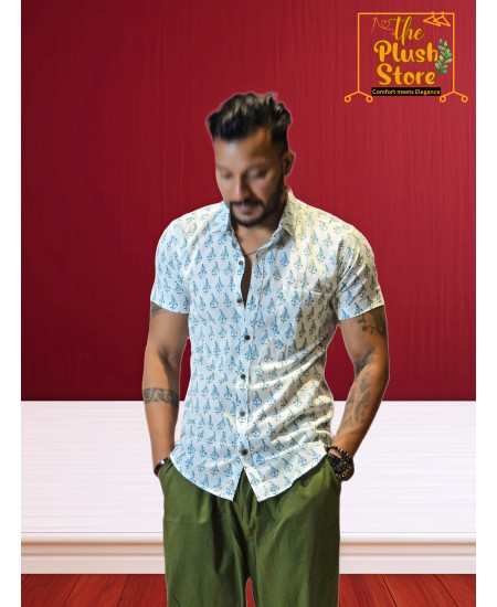 Pure Cotton White block Printed Shirt for Men
