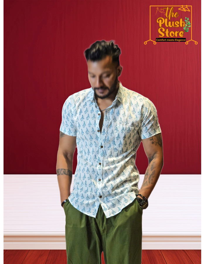 Pure Cotton White block Printed Shirt for Men Pure Cotton White block Printed Shirt for Men