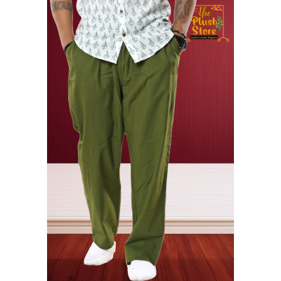 Pure Linen Green Full Casual Trouser For Men