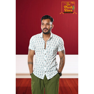 Pure Cotton White block Printed Shirt for Men