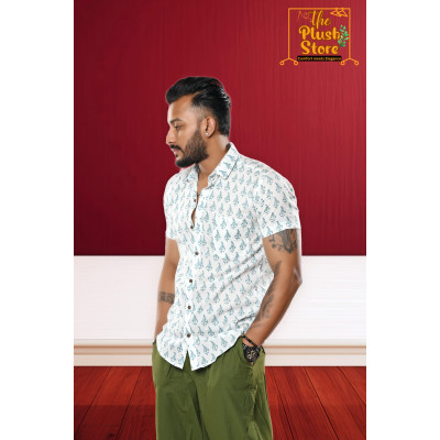 Pure Cotton White block Printed Shirt for Men