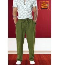 Pure Linen Green Full Casual Trouser For Men