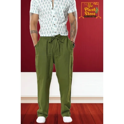 Pure Linen Green Full Casual Trouser For Men