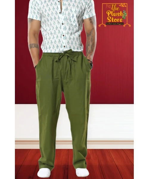 Pure Linen Green Full Casual Trouser For Men