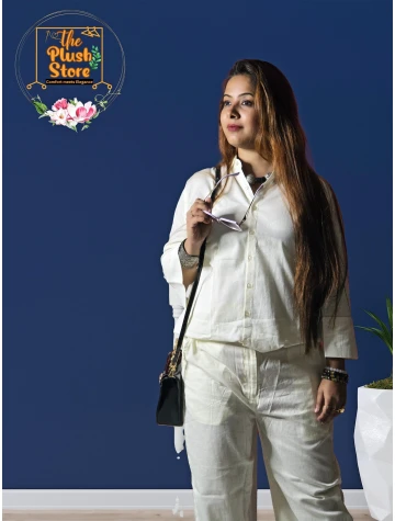 Pure Linen Cream Co-ord Set For Women  Pure Linen Cream Co-ord Set For Women data-sizes=