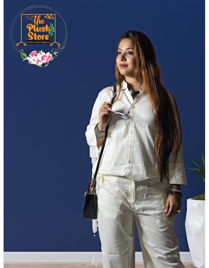 A model wearing Pure Linen Cream Co-ord Set For Women A model wearing Pure Linen Cream Co-ord Set For Women
