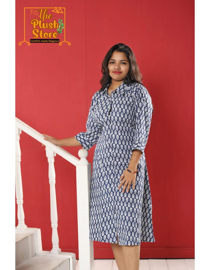 A model wearing Pure Cotton Indigo One piece Dress For Women A model wearing Pure Cotton Indigo One piece Dress For Women