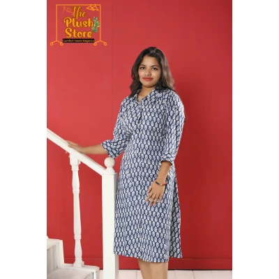 A model wearing Pure Cotton Indigo One piece Dress For Women A model wearing Pure Cotton Indigo One piece Dress For Women