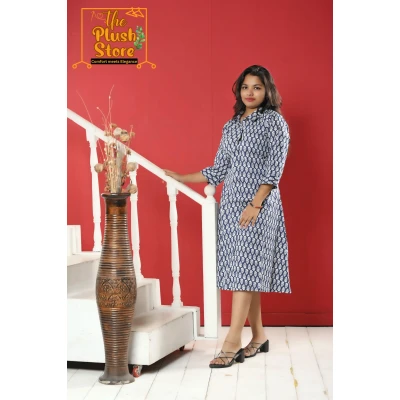 A model wearing Pure Cotton Indigo One piece Dress For Women A model wearing Pure Cotton Indigo One piece Dress For Women