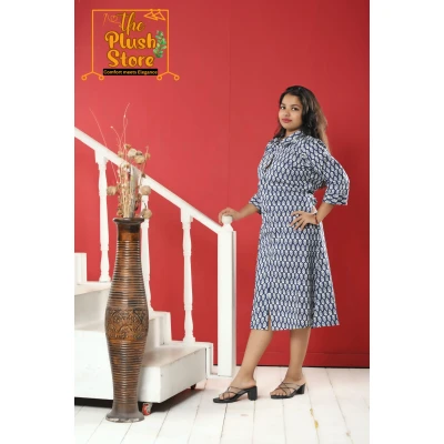 A model wearing Pure Cotton Indigo One piece Dress For Women A model wearing Pure Cotton Indigo One piece Dress For Women