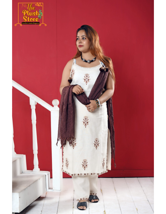 A model wearing Pure Khadi Cotton Noodle Strap Three Piece Set For Women A model wearing Pure Khadi Cotton Noodle Strap Three Piece Set For Women