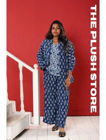 Indigo Pure cotton Three Piece Co-ord Set For Women  Indigo Pure cotton Three Piece Co-ord Set For Women data-sizes=