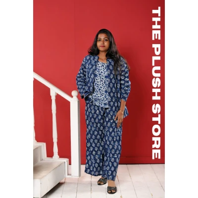 Indigo Pure cotton Three Piece Co-ord Set For Women