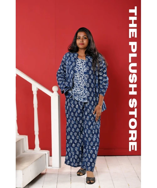 Indigo Pure cotton Three Piece Co-ord Set For Women