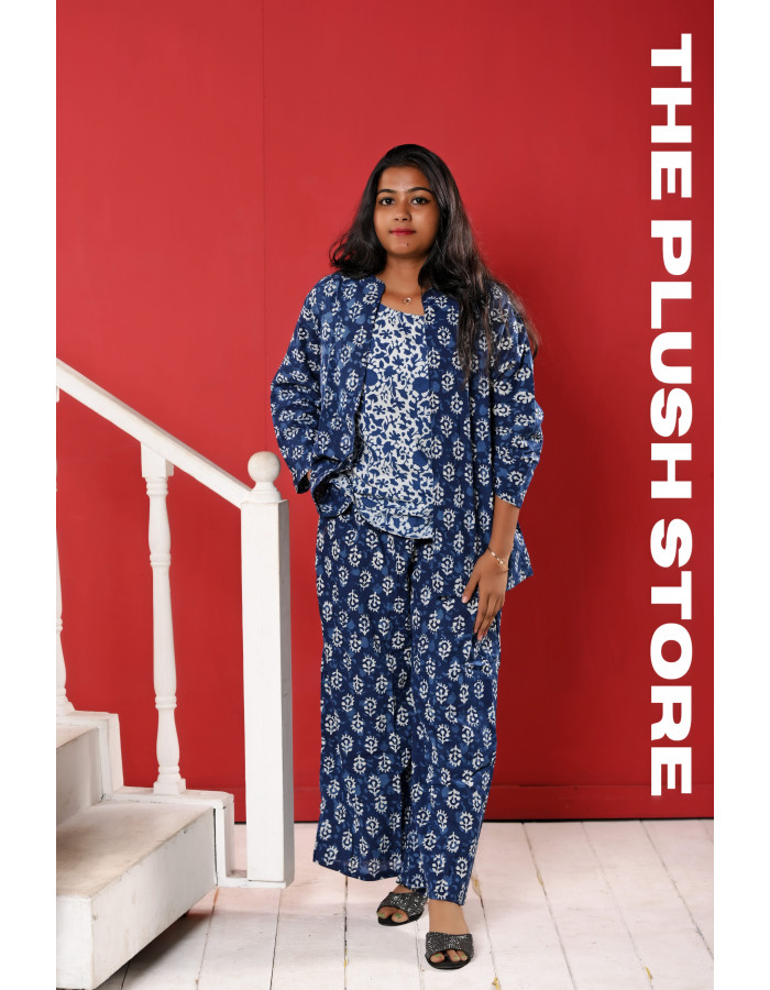 A model wearing Indigo Pure cotton Three Piece Co-ord Set For Women A model wearing Indigo Pure cotton Three Piece Co-ord Set For Women