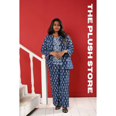 Indigo Pure cotton Three Piece Co-ord Set For Women
