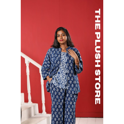Indigo Pure cotton Three Piece Co-ord Set For Women