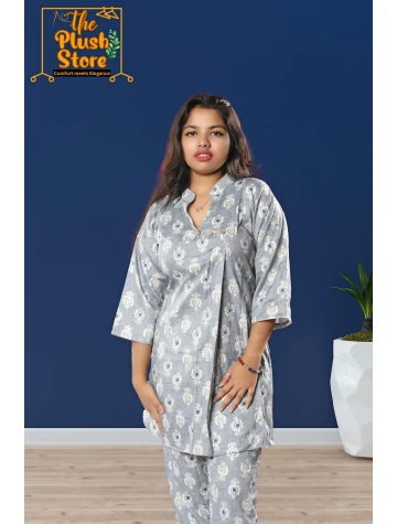 Pure Cotton Printed Co-ord Set For Women in slate colour  Pure Cotton Printed Co-ord Set For Women in slate colour data-sizes=