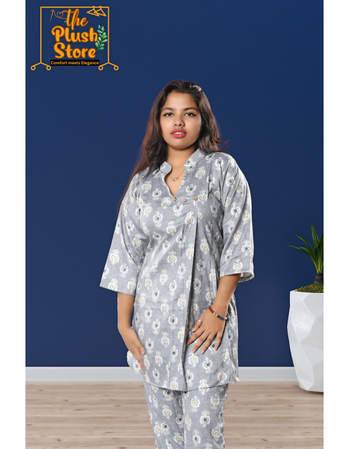 A model wearing Pure Cotton Printed Co-ord Set For Women in slate colour A model wearing Pure Cotton Printed Co-ord Set For Women in slate colour