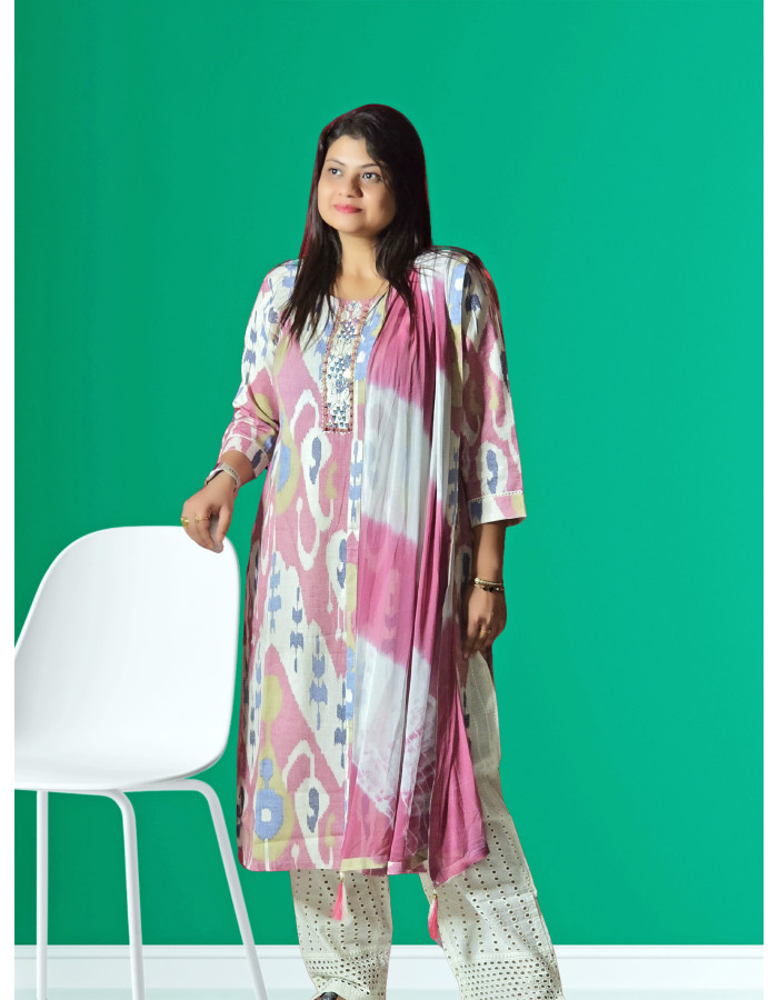 A model wearing Linen Three Piece Salwar Suit Set For Women A model wearing Linen Three Piece Salwar Suit Set For Women