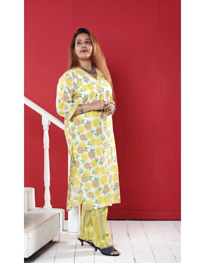 A model wearing Yellow Floral Two Piece Set For Women A model wearing Yellow Floral Two Piece Set For Women