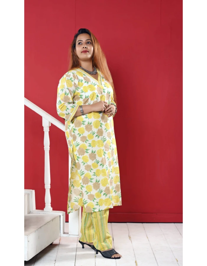 Yellow Floral Two Piece Set For Women