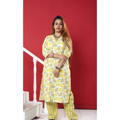 Yellow Floral Two Piece Set For Women
