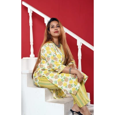 Yellow Floral Two Piece Set For Women