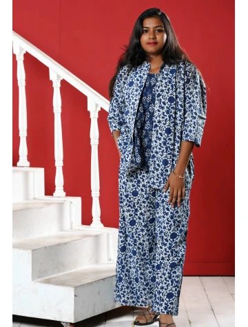 Indigo Three Piece Printed Co-ord Set For Women  Indigo Three Piece Printed Co-ord Set For Women data-sizes=