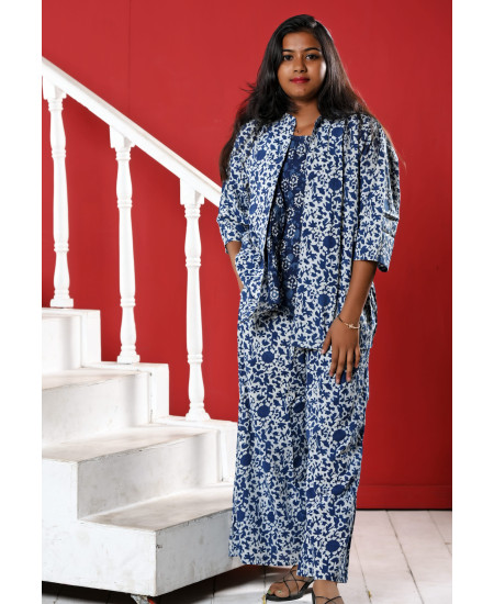 Indigo Three Piece Printed Co-ord Set For Women