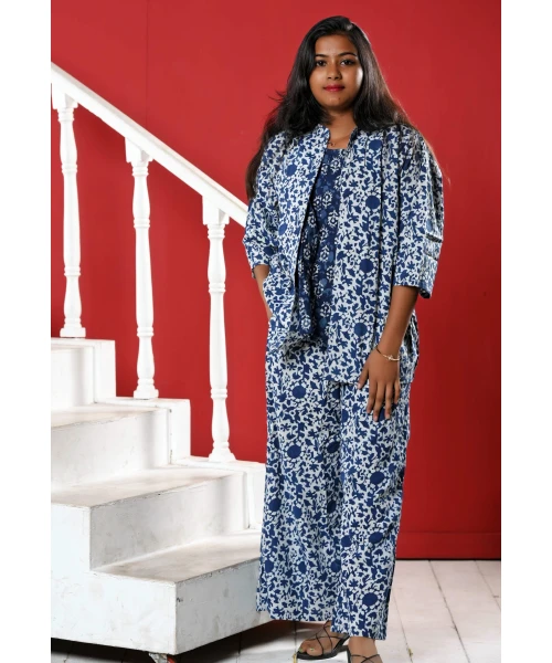 Indigo Three Piece Printed Co-ord Set For Women