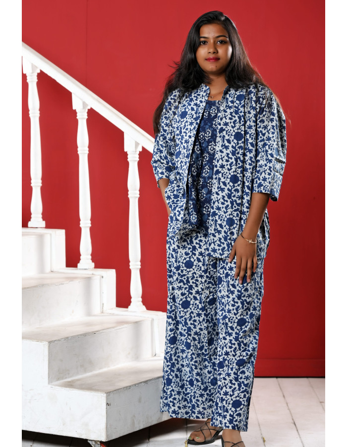 Indigo Three Piece Printed Co-ord Set For Women