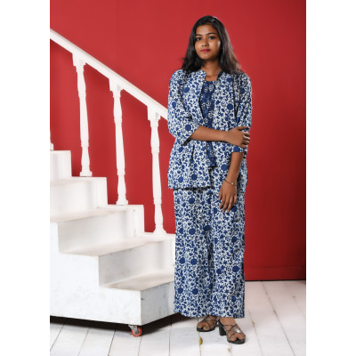 Indigo Three Piece Printed Co-ord Set For Women